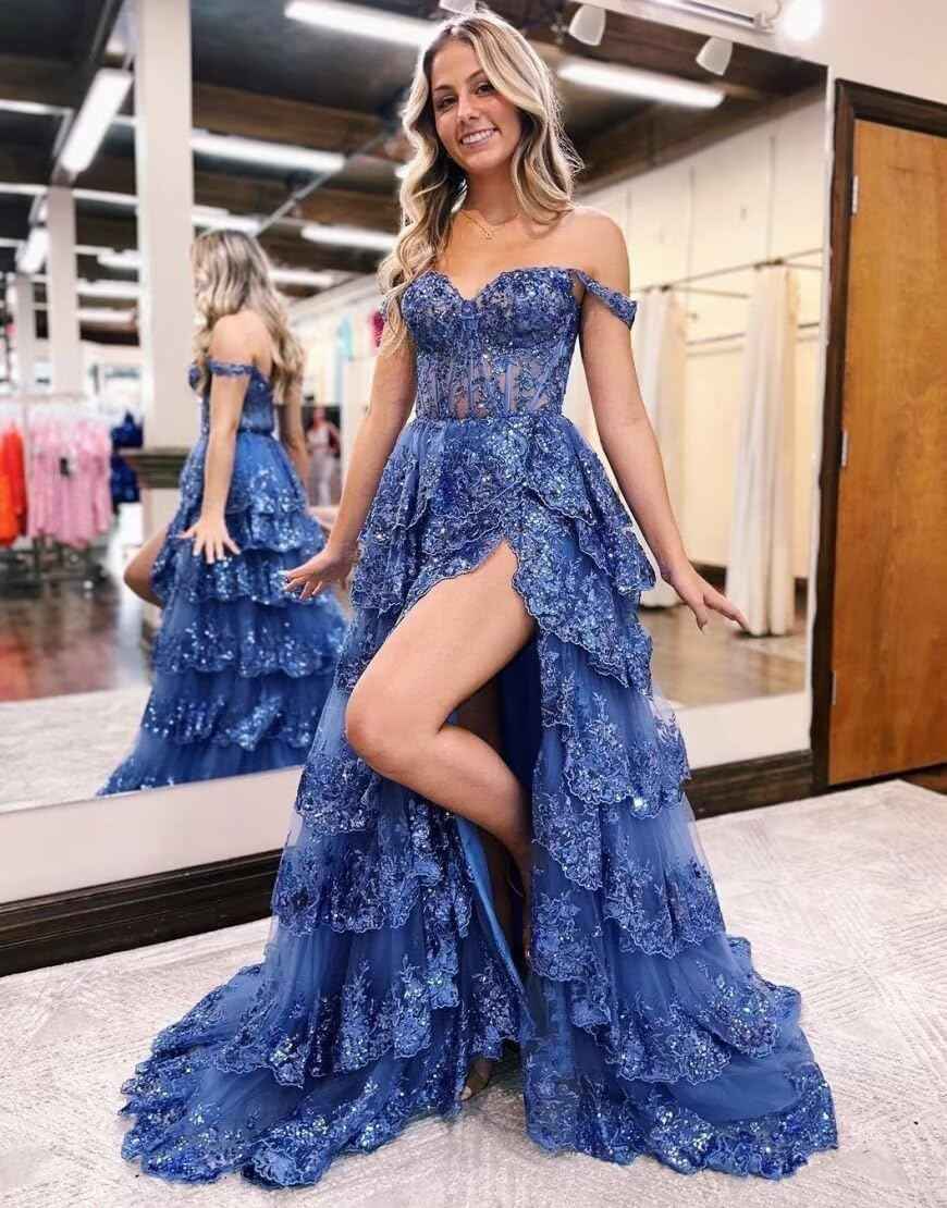 Sparkly Tiered Lace Tulle Prom Dresses Long 2025 Spaghetti Straps Formal Corset Evening Gown with Slit-BMbridal.UK