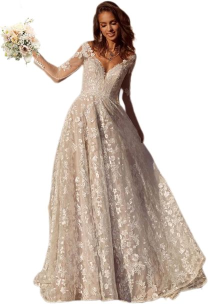 Women's Beach Spaghetti Strap Wedding Dresses for Bride 2025 Boho Long Lace Bridal Gowns for Wedding-BMbridal.UK