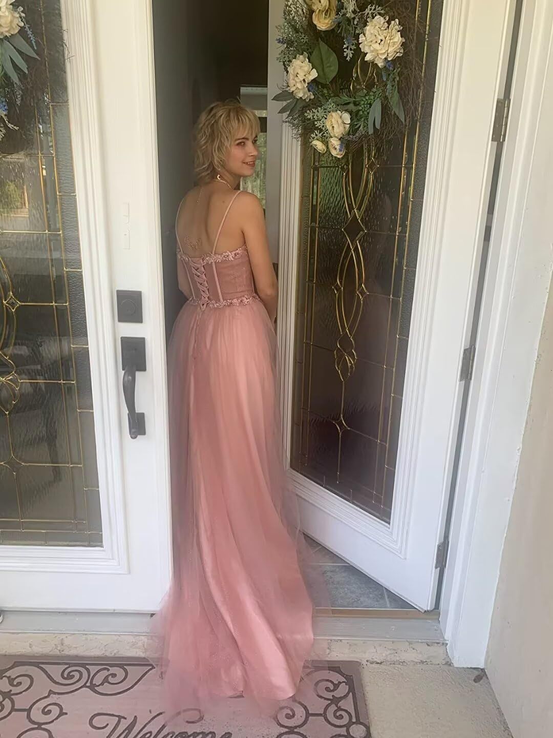 Glitter Tulle Prom Dresses Long 2025 Spaghetti Straps Sweetheart 3D Flowers Evening Party Gowns with Slit-BMbridal.UK