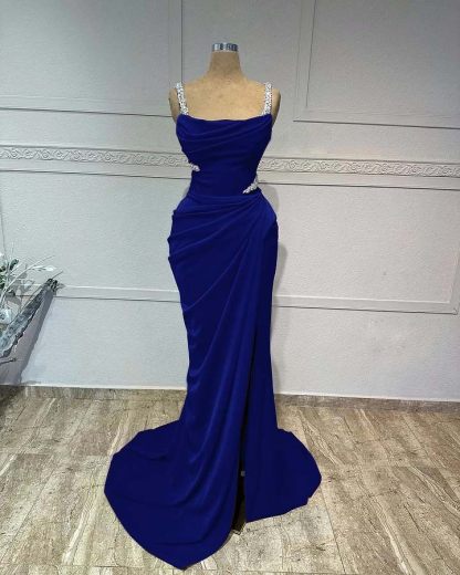 Straps Sleeveless Long Mermaid Prom Dress With Pleated Sequins