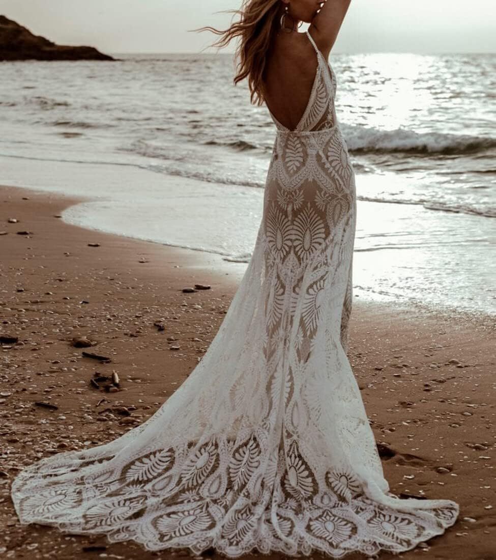 Women's Beach Wedding Dresses for Bride 2022 Vintage Long Sleeves Lace Bohemian Bridal Gown-BMbridal.UK