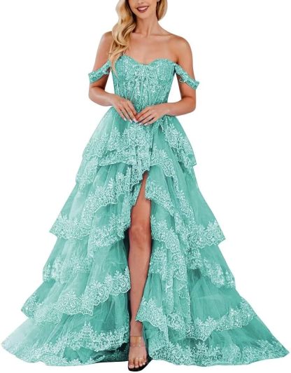Lace Appliques Prom Dresses for Women Sparkly Tiered Tulle Off The Shoulder Formal Evening Gowns with Slit-BMbridal.UK