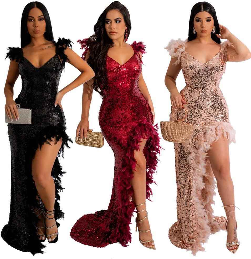 Women's Sexy Sequin Feather Prom Dresses 2025 High Slit Deep V Neck Evening Formal Masquerade Ball Gown Maxi Dress-BMbridal.UK
