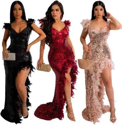 Women's Sexy Sequin Feather Prom Dresses 2025 High Slit Deep V Neck Evening Formal Masquerade Ball Gown Maxi Dress-BMbridal.UK