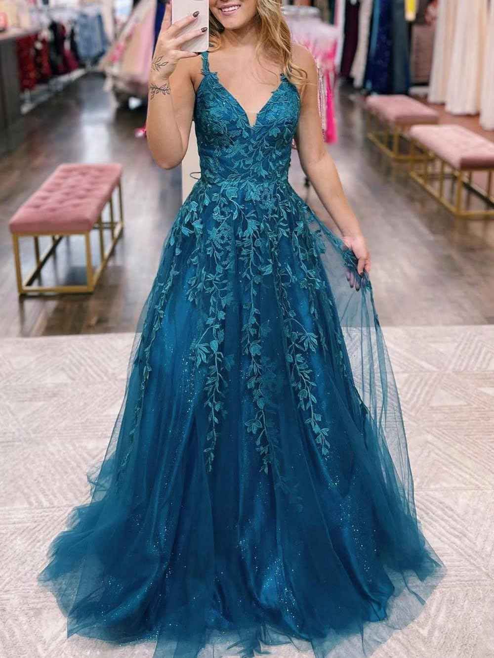 Tulle Prom Dresses for Women 2025 Sparkly Lace Appliques Long Ball Gowns Spaghetti Straps A-Line Evening Gowns-BMbridal.UK