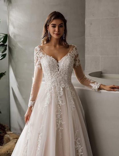 Loyeloy Women's Wedding Dresses for Bride 2025 Sexy V Neck Slit Lace Bridal Wedding Gowns for Bride YJ010-BMbridal.UK