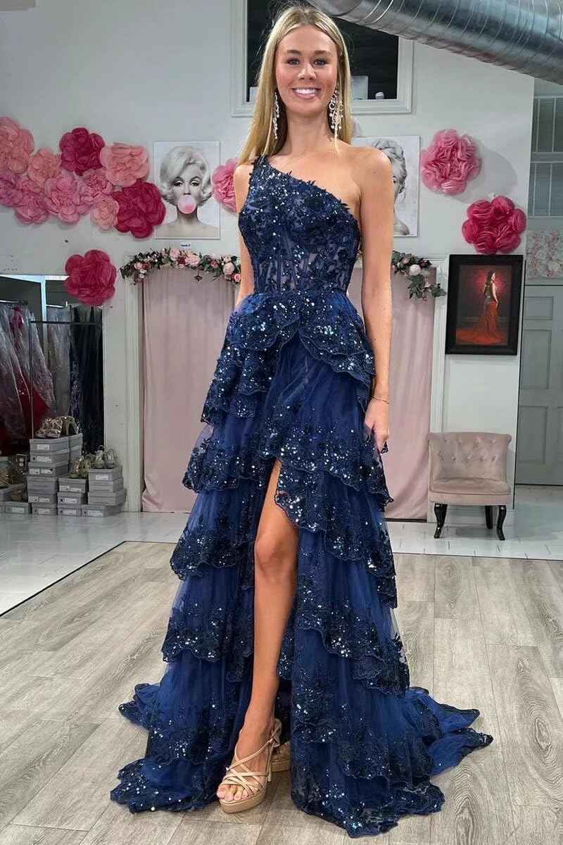 One Shoulder Lace Tulle Tiered Prom Dress Sparkly Sequined Applique Long Maxi Formal Evening Party Gowns 2025-BMbridal.UK