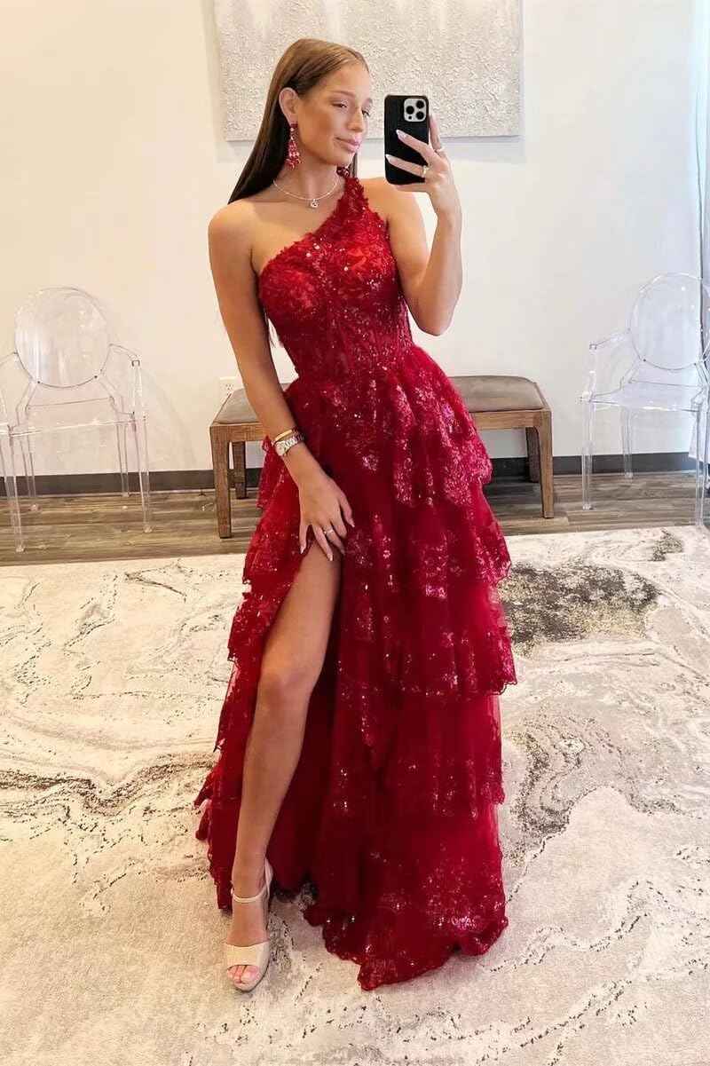 One Shoulder Lace Tulle Tiered Prom Dress Sparkly Sequined Applique Long Maxi Formal Evening Party Gowns 2025-BMbridal.UK