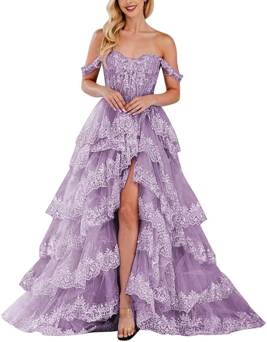 Lace Appliques Prom Dresses for Women Sparkly Tiered Tulle Off The Shoulder Formal Evening Gowns with Slit-BMbridal.UK