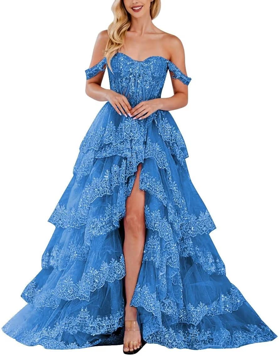 Lace Appliques Prom Dresses for Women Sparkly Tiered Tulle Off The Shoulder Formal Evening Gowns with Slit-BMbridal.UK