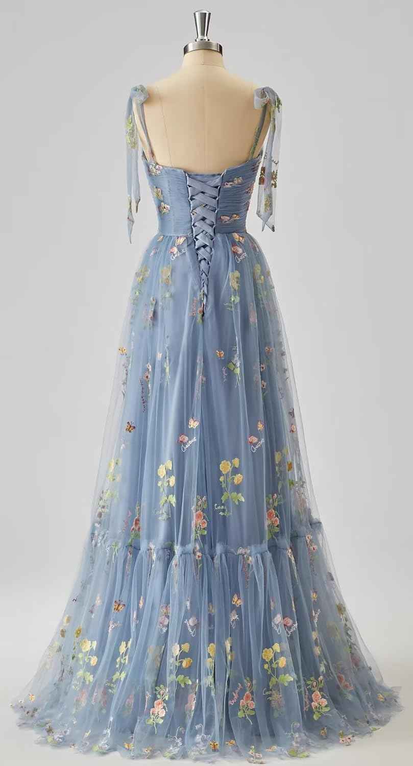Women's Flower Embroidery Tulle Prom Dresses 2025 Long Spaghetti Straps Evening Party Gowns-BMbridal.UK