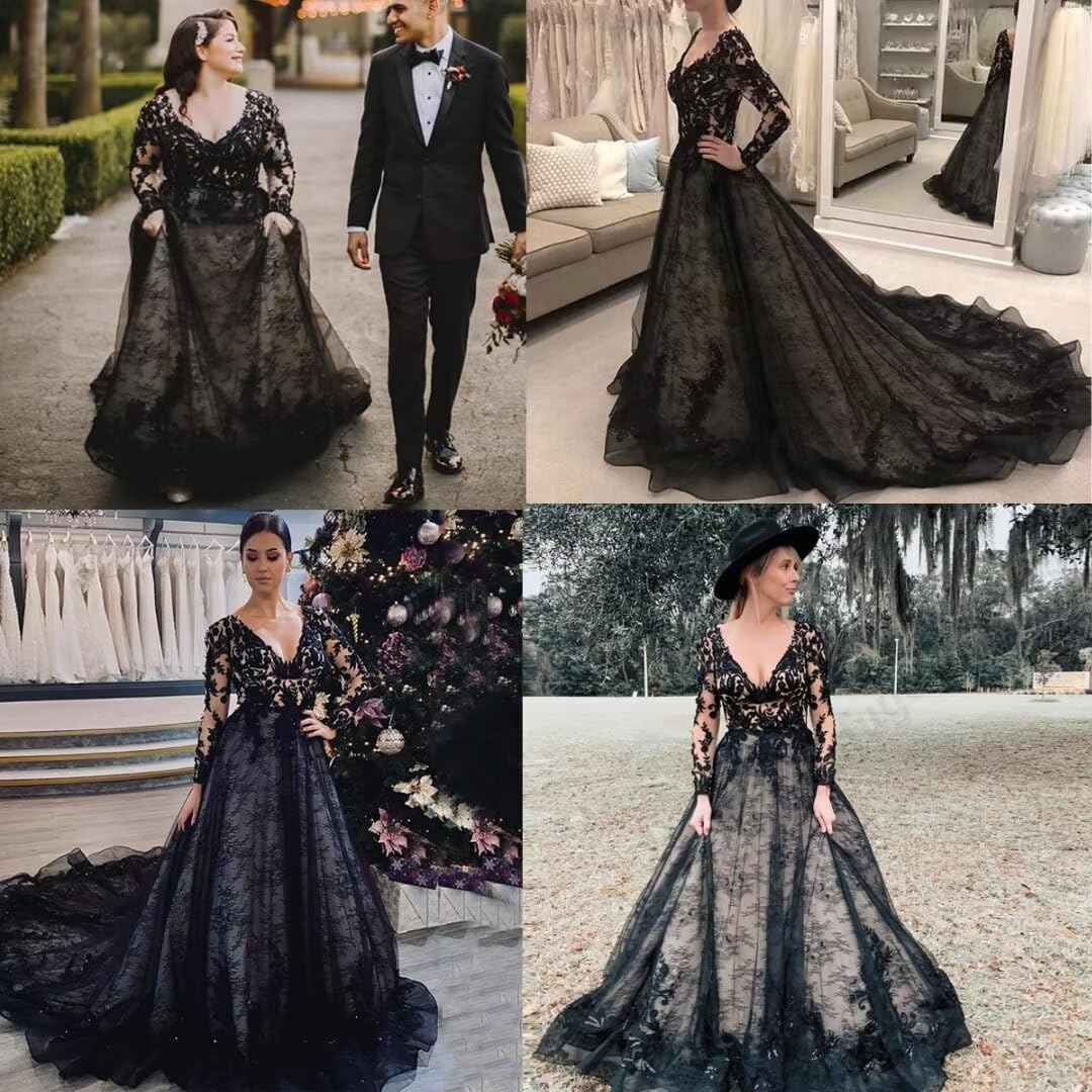 Black Wedding Dresses for Bride Long Sleeve Bridal Gowns V Neck Lace Appliques Wedding Gowns with Train-BMbridal.UK