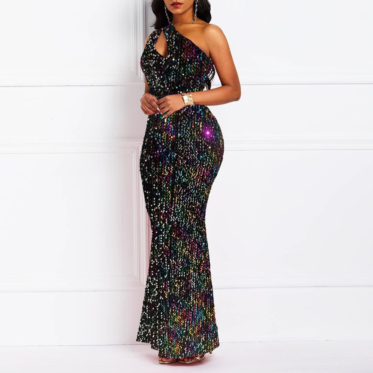 Sequins Fashion Sleeveless Oblique Collar Mermaid Women's Maxi Dress Bodycon Dress Party Dress-BMbridal.UK