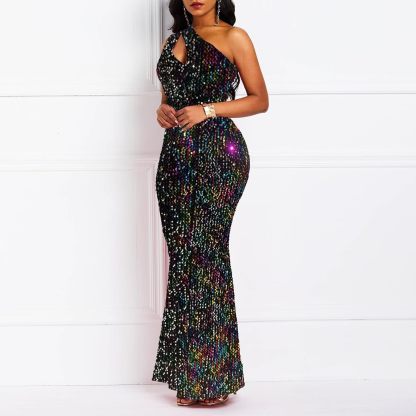 Sequins Fashion Sleeveless Oblique Collar Mermaid Women's Maxi Dress Bodycon Dress Party Dress-BMbridal.UK