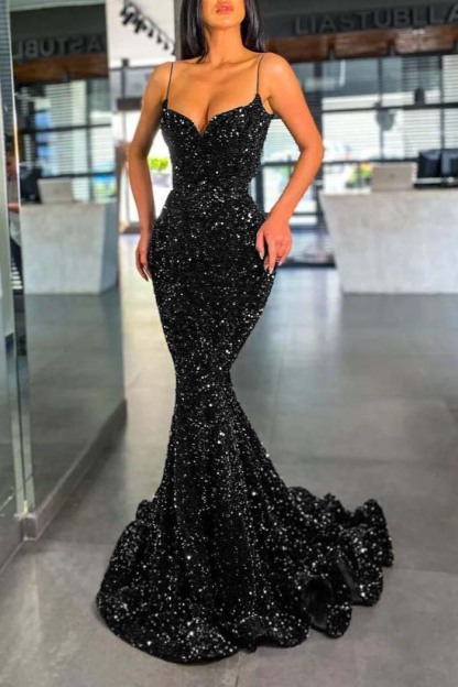 Spaghetti Strap Sleeveless Long Mermaid Prom Dress With Sequins