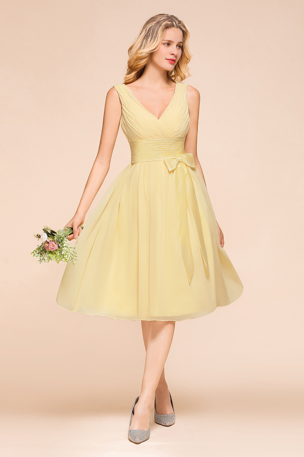 BMbridal Affordable V-Neck Daffodil Chiffon Short Bridesmaid Dress with Ruffle-BMbridal