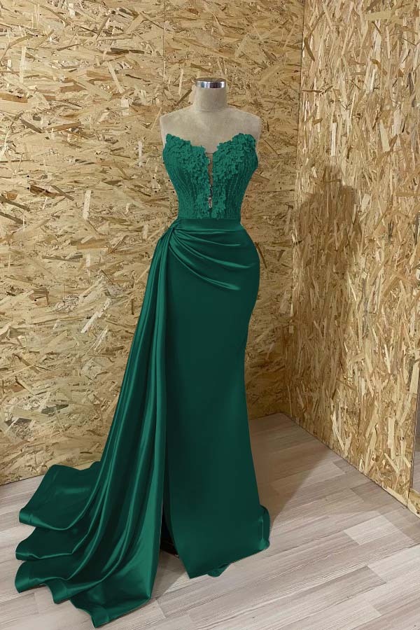 Sleeveless Strapless Mermaid Prom Appliques Dress With Split