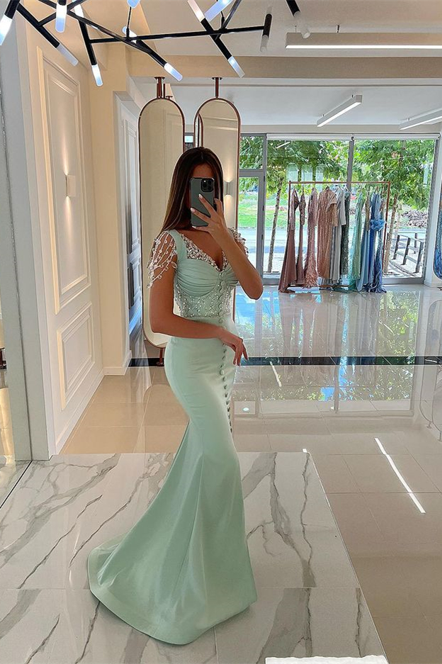 Amazing Mint Green Cap Sleeves Prom Dress Long Front Slit With Buttons Beads