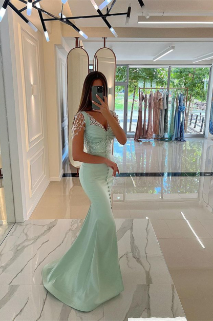 Amazing Mint Green Cap Sleeves Prom Dress Long Front Slit With Buttons Beads
