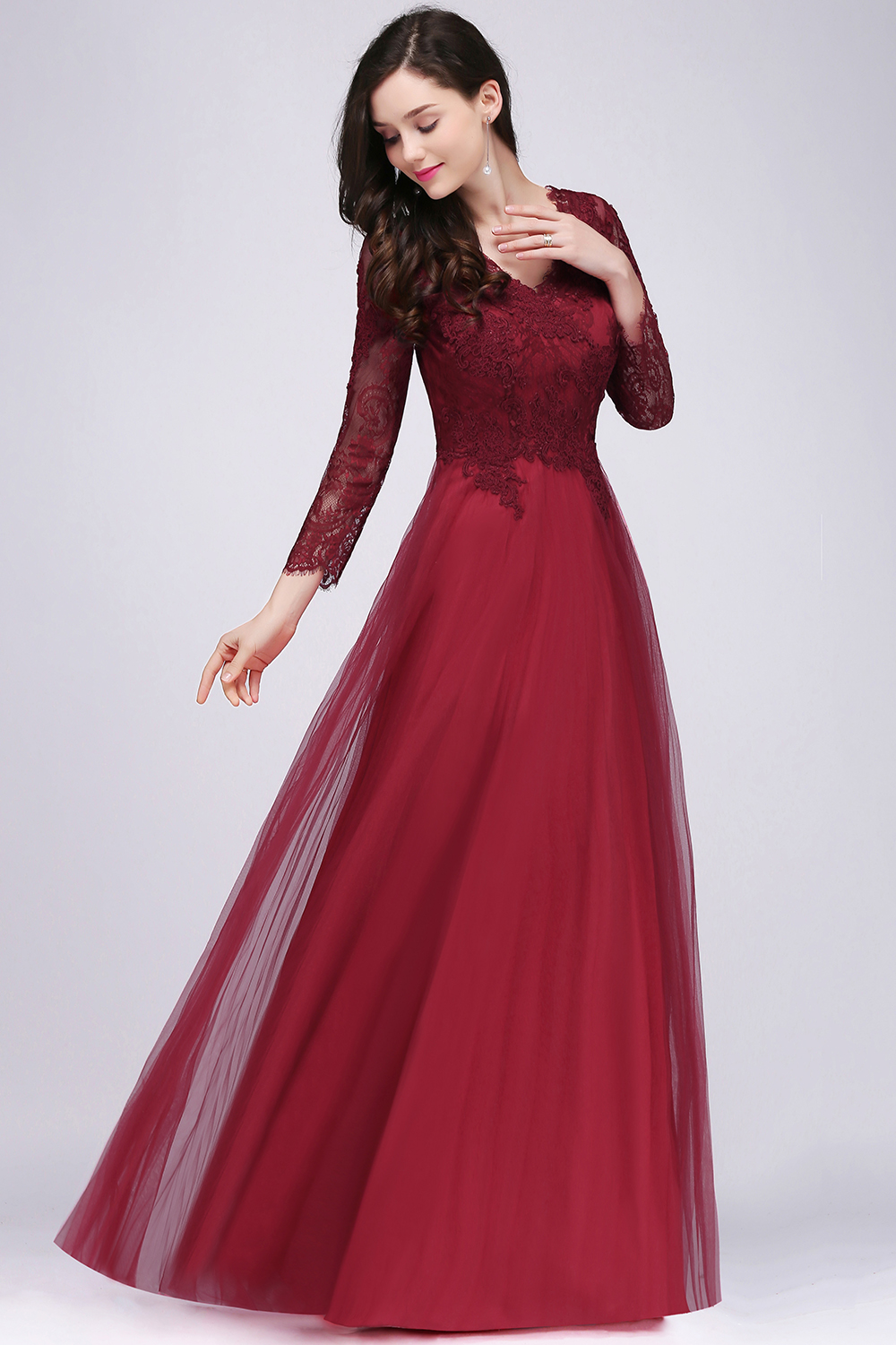 BMbridal Affordable Long Sleeves V-Neck Lace Burgundy Bridesmaid Dresses with Appliques-BMbridal