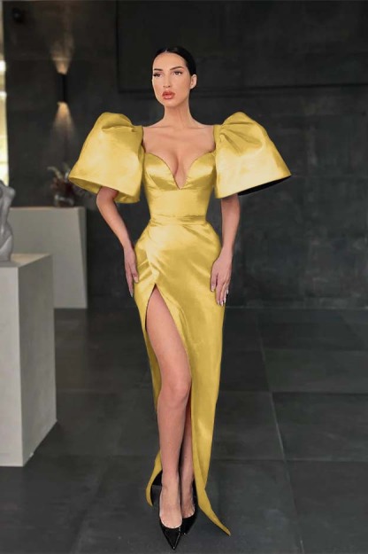 Charming Mermaid Royal Blue V Neck Pleated Long Prom Dress With High Split