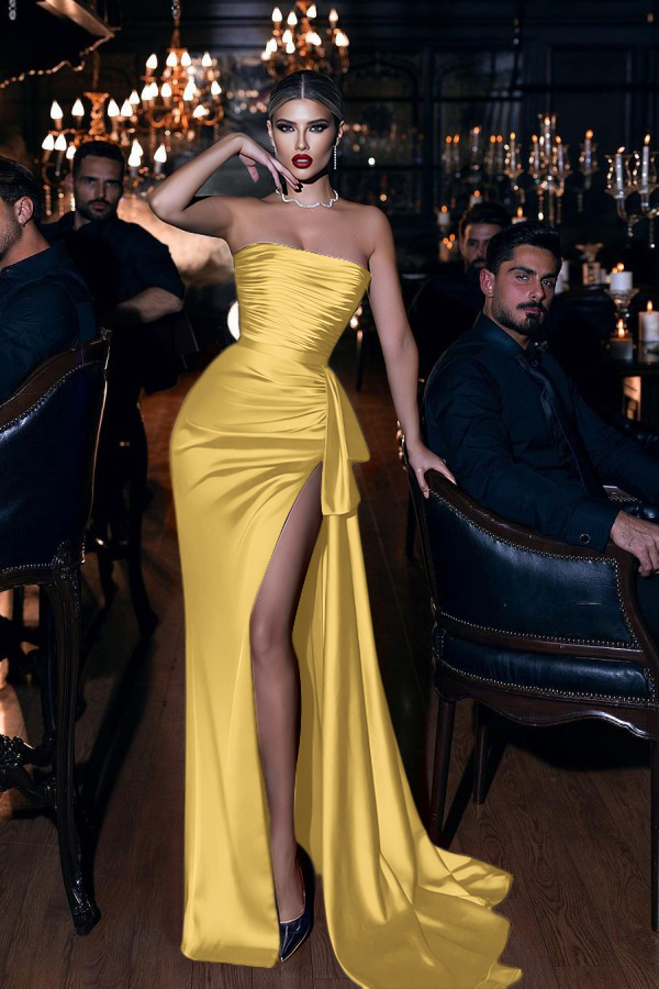 Sleeveless Mermaid Royal Blue Prom Dress Strapless Long With High Split