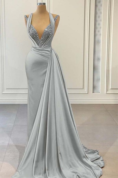 Halter V Neck Sleeveless Long Prom Dress With Beading Pleated