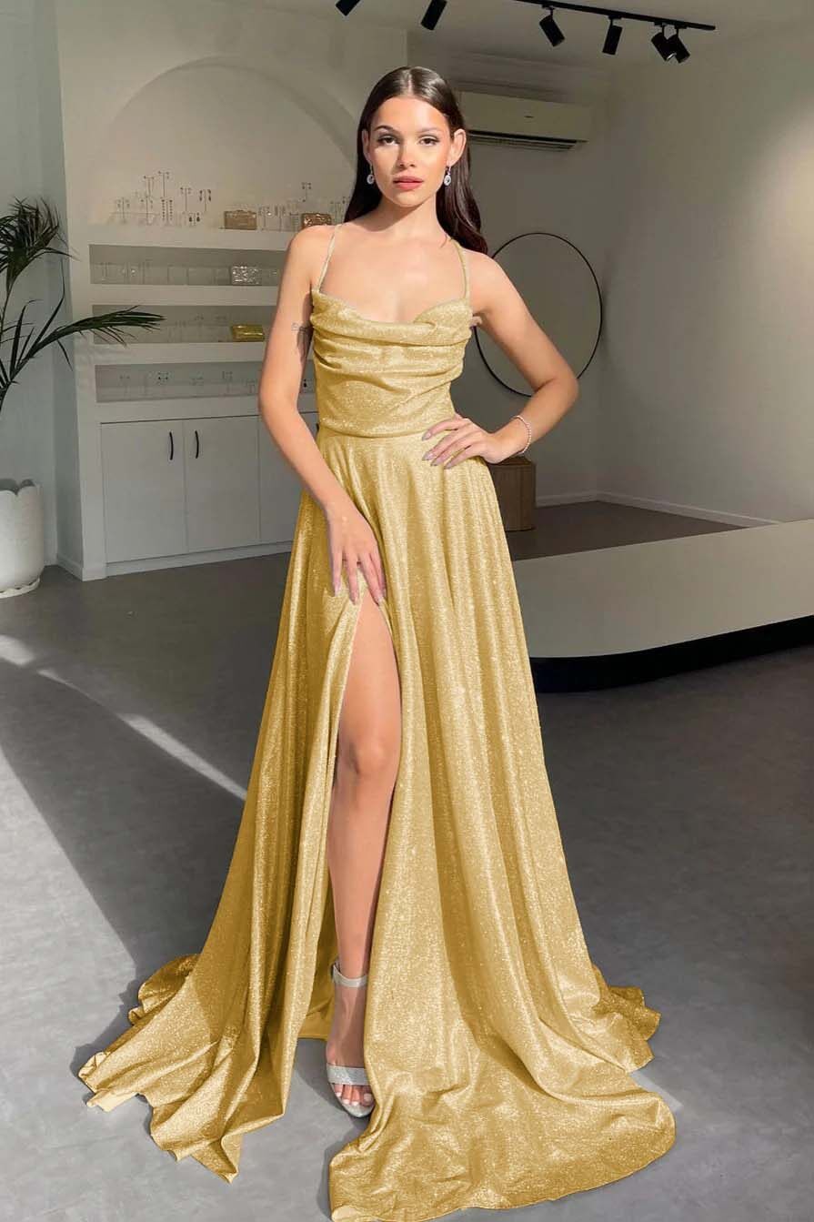 Halter Sleeveless Long Split Prom Dress With Pleated Sequins