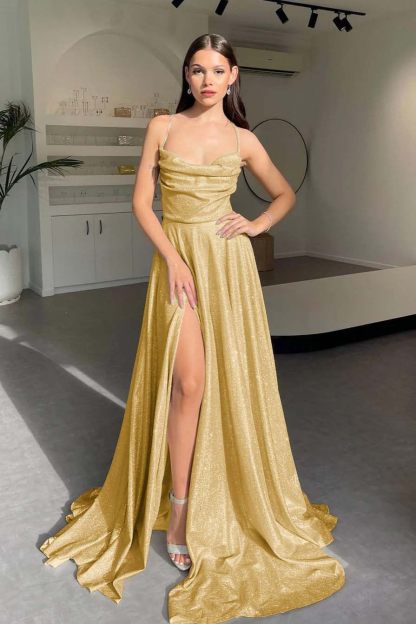Halter Sleeveless Long Split Prom Dress With Pleated Sequins