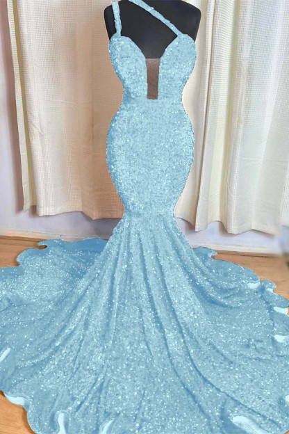 Red Mermaid Sleeveless One Shoulder Prom Dress Sweetheart Elegant Sequins