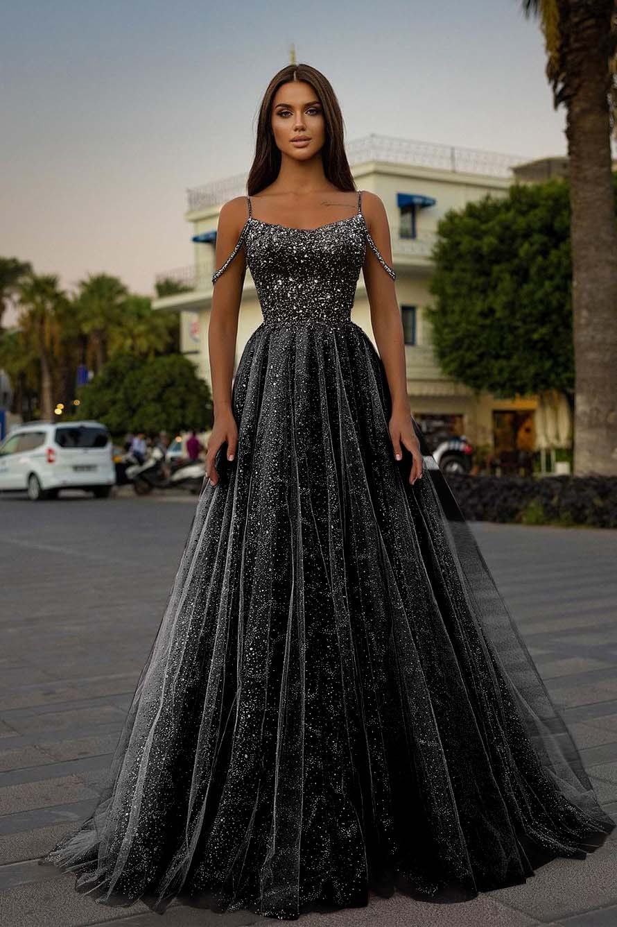 Tulle Spaghetti Strap Sleeveless A Line Long Prom Dress With Sequins Beads