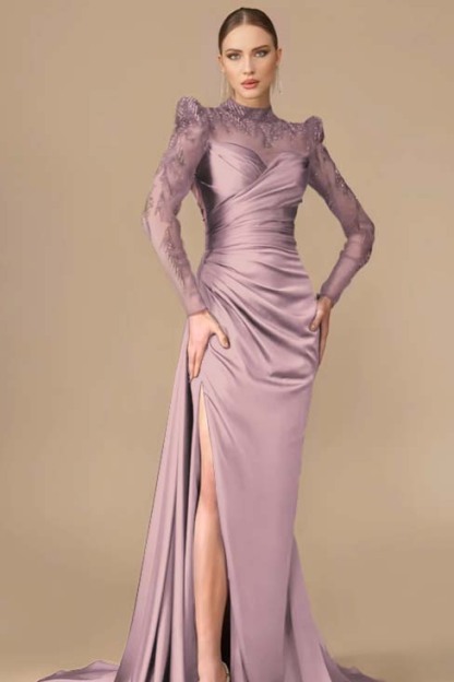 Long Sleeves Long Mermaid Prom Dress With Split Pleated Appliques