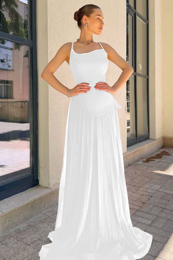 Spaghetti Strap Sleeveless Long Prom Dress With Pleated Sequins