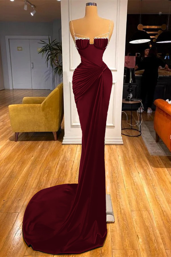 Mermaid Dark Green Spaghetti Strap Sleeveless Long Prom Dress With Beadings