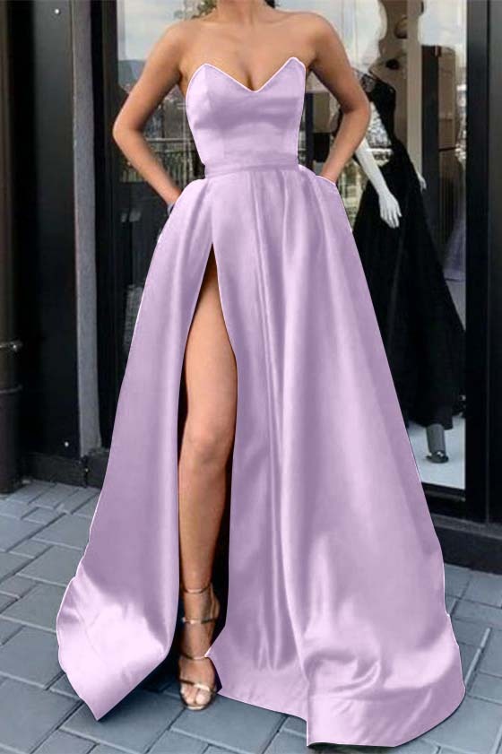 Sweetheart Strapless Sleeveless Long Prom Dress Purple Split With Pockets