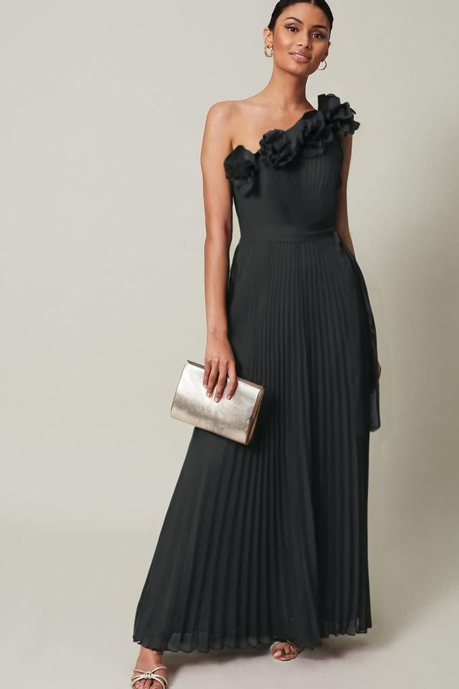 Chiffon One Shoulder Sleeveless Long Prom Dress With Pleated