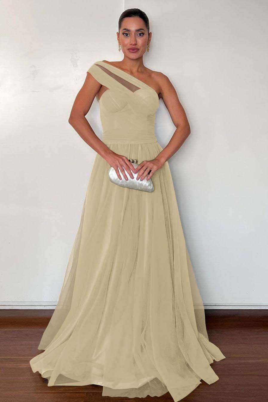 One Shoulder Sweetheart Sleeveless Long Prom Dress With Pleated