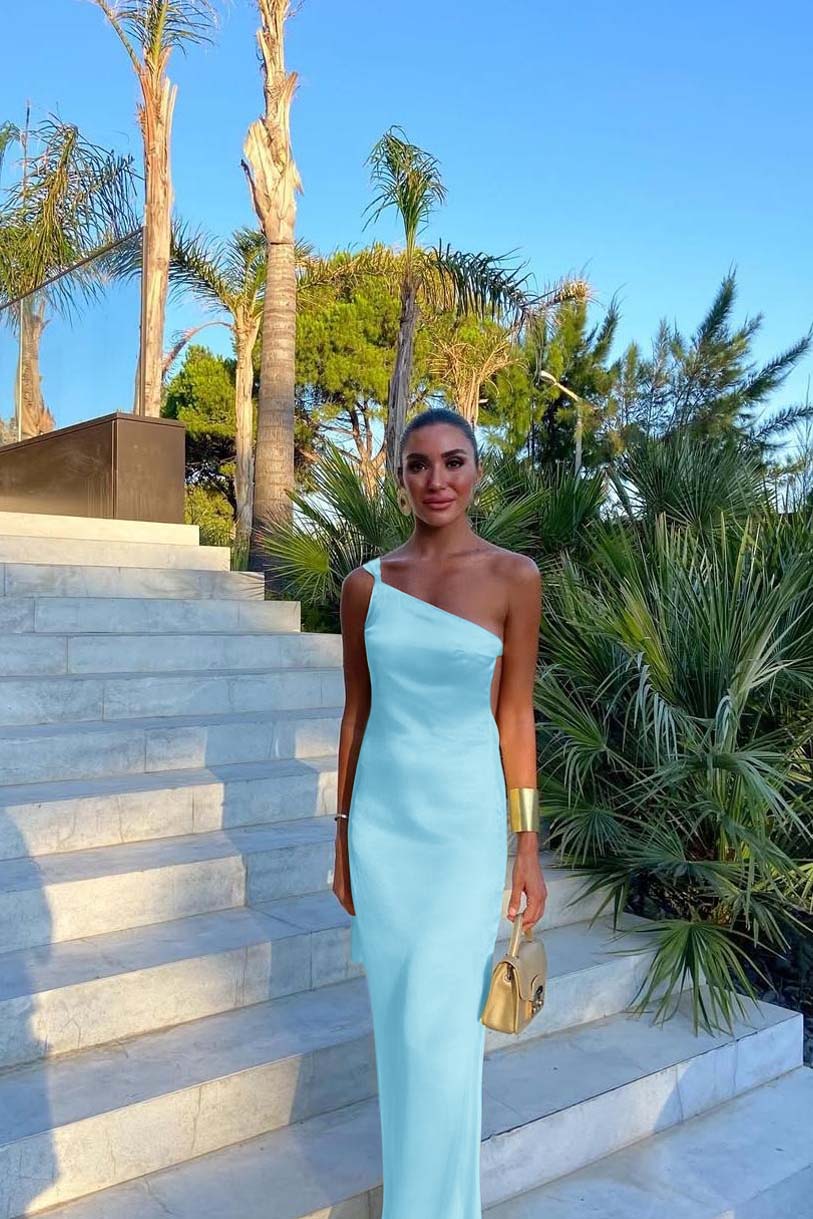 One Shoulder Backless Sleeveless Long Prom Dress With Pleated