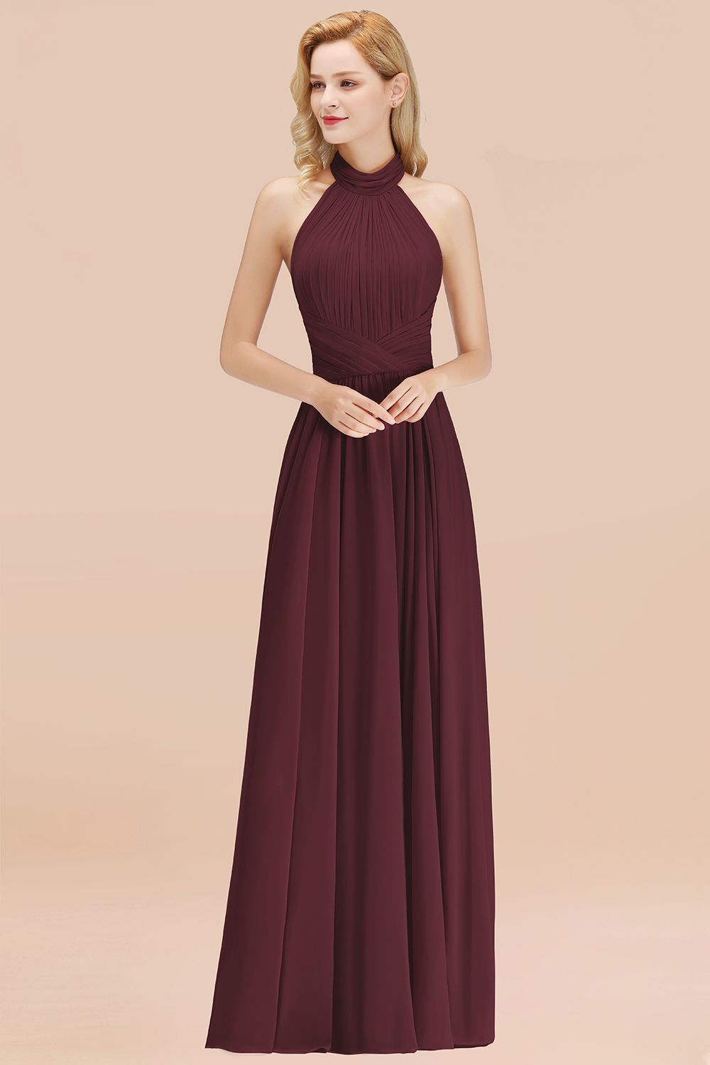 BMbridal Gorgeous High-Neck Halter Backless Bridesmaid Dress Dusty Rose Chiffon Maid of Honor Dress-BMbridal