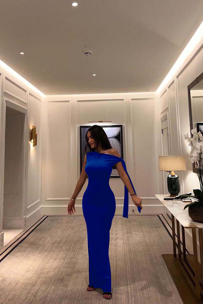 One Shoulder Sleeveless Mermaid Long Prom Dress With Pleated