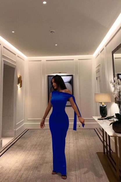 One Shoulder Sleeveless Mermaid Long Prom Dress With Pleated