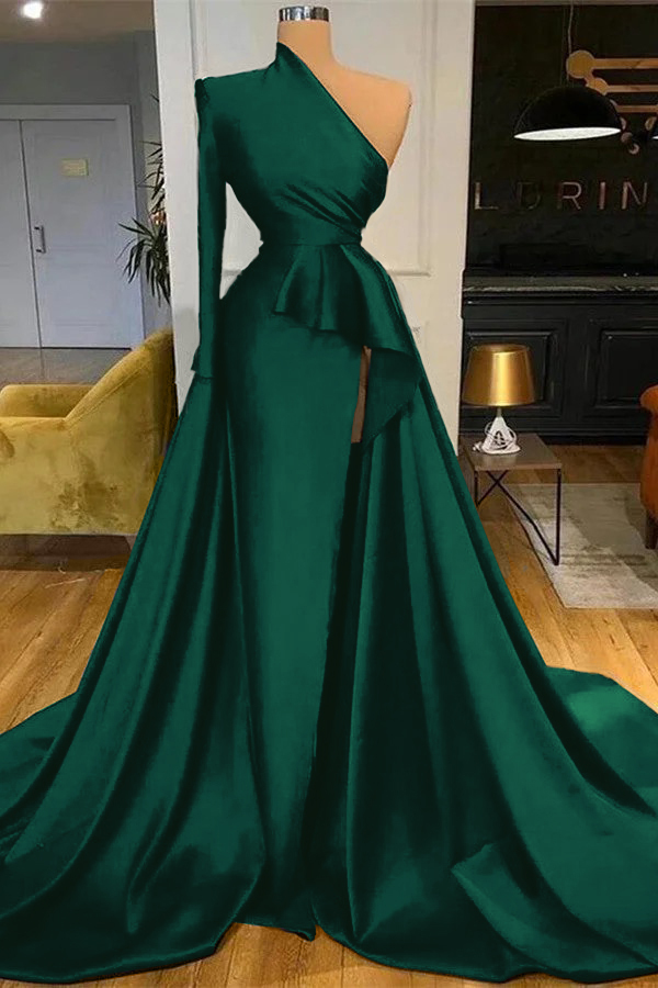 Mermaid Long Sleeve One Shoulder Dark Blue Long Prom Dress With High Split