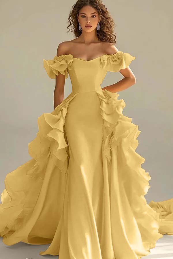 Off the Shoulder Sleeveless Long Mermaid Prom Dress With Ruffles