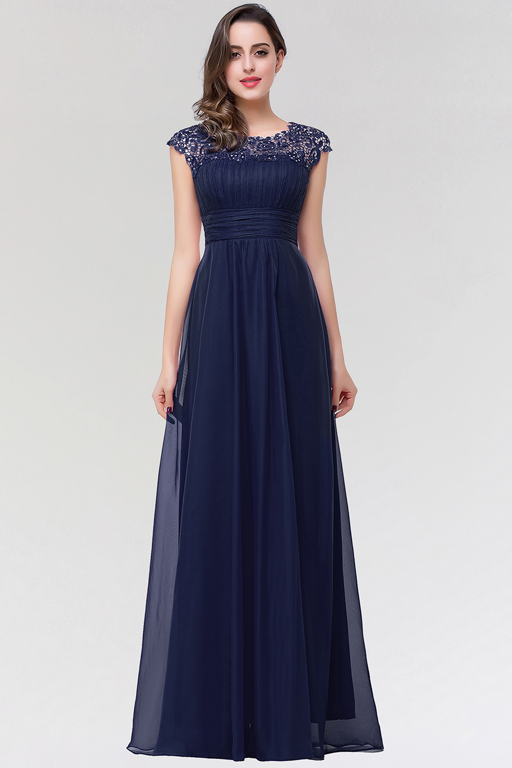 BMbridal Elegant Chiffon Pleated Navy Lace Bridesmaid Dress with Keyhole Back-BMbridal