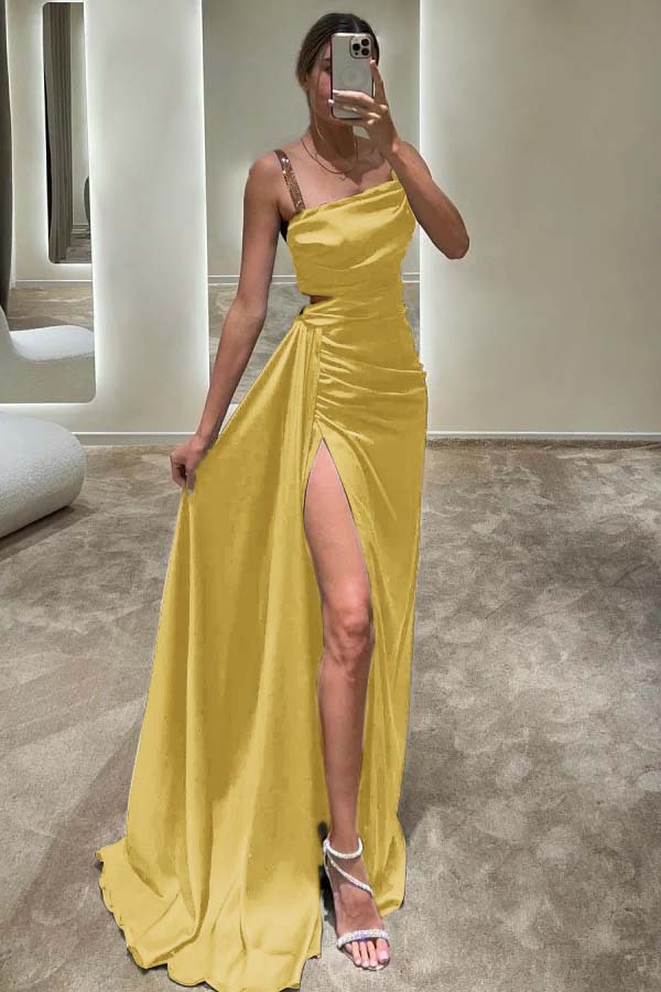 Spaghetti Strap Sleeveless Long High Split Prom Dress With Ruffles