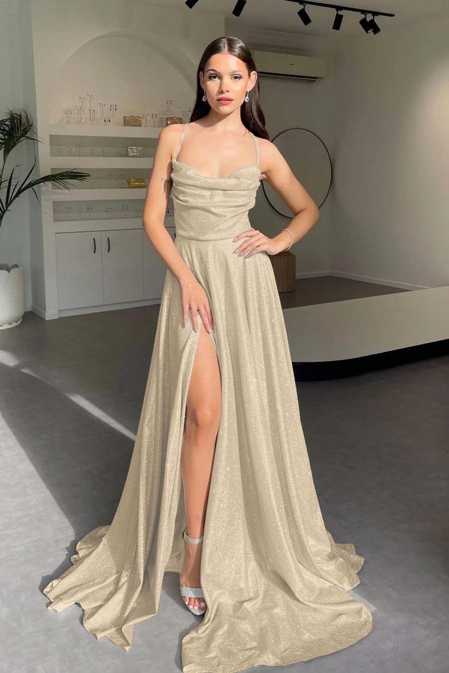 Halter Sleeveless Long Split Prom Dress With Pleated Sequins