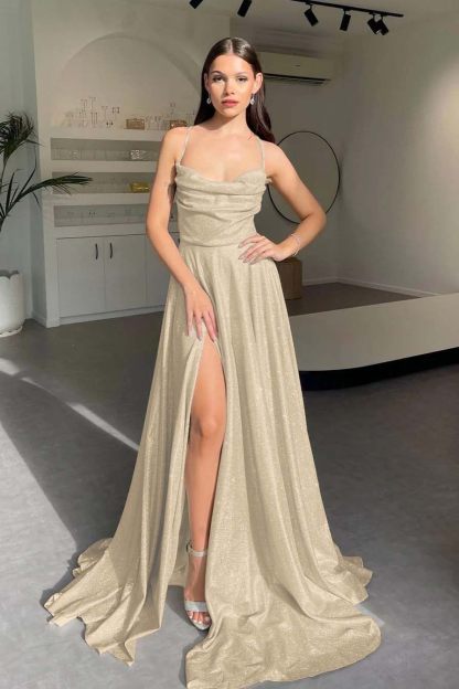 Halter Sleeveless Long Split Prom Dress With Pleated Sequins