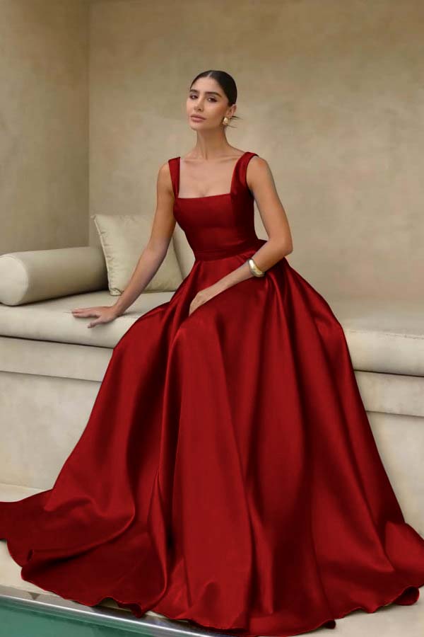 Stain Straps Sleeveless A Line Long Prom Dress With Pleated