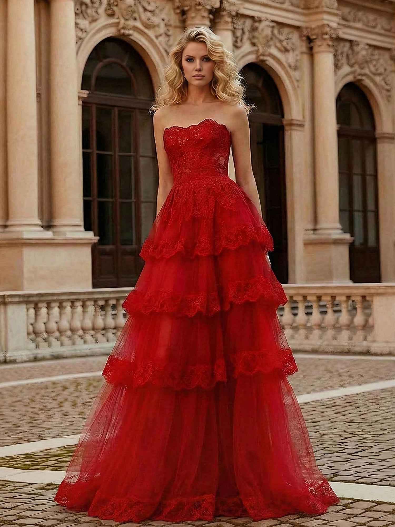 Red Tiered Tulle Strapless Lace Bodice A-Line Long Prom Dress