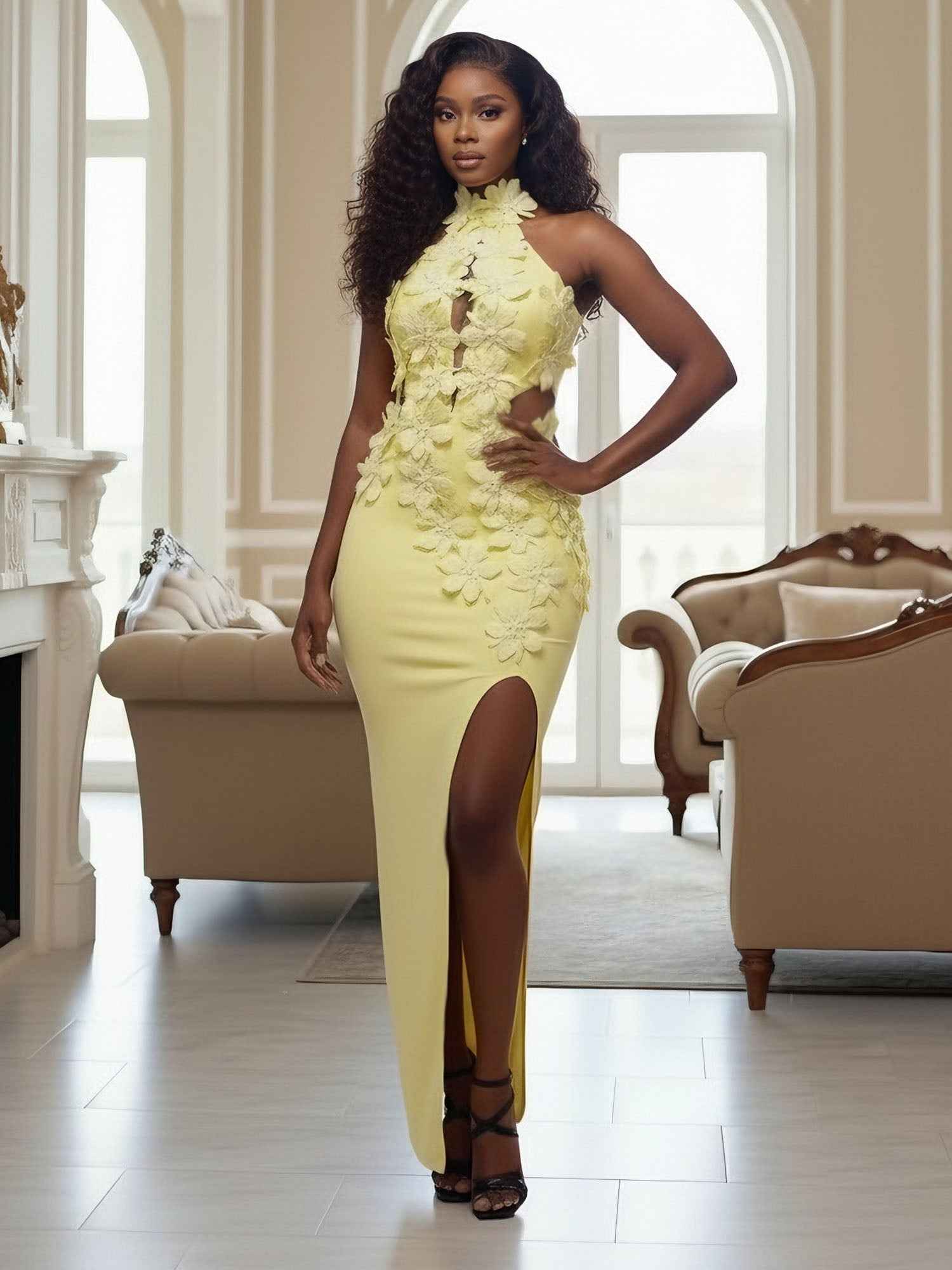 Yellow Halter Neck 3D Flower Mermaid Long Prom Dress with Slit